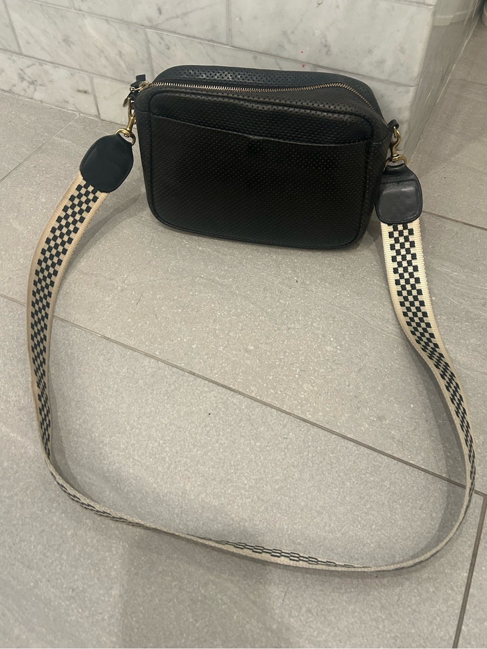 Black Pebbled Crossbody Camera Bag with Checkerboard Strap